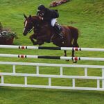 Show jumping horse and rider clearing a fence at a competition