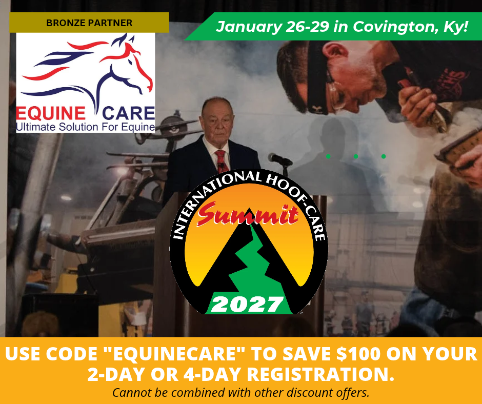 Official 2027 International Hoof-Care Summit poster: use EQUINECARE to save $100 on 2-day or 4-day registration.