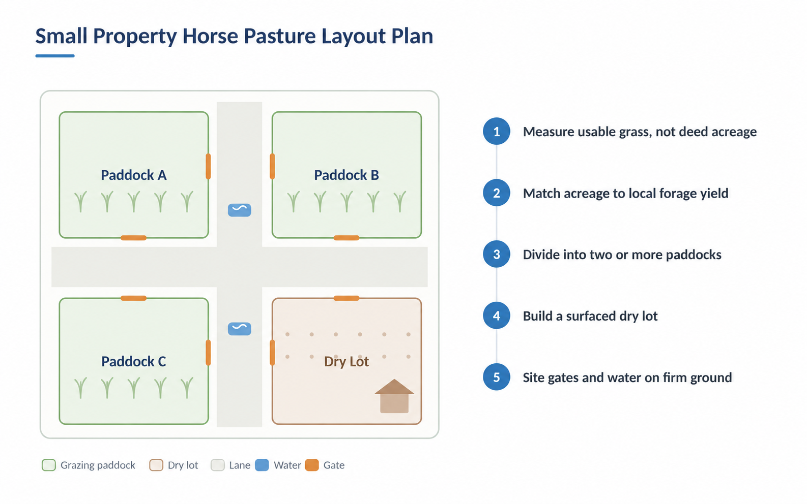 Example layout with three grazing paddocks, a dry lot, access lanes, gates and water points.