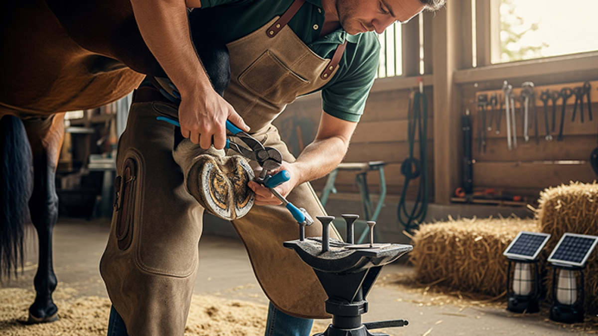 Farrier using hoof nippers and testers with sustainable practices