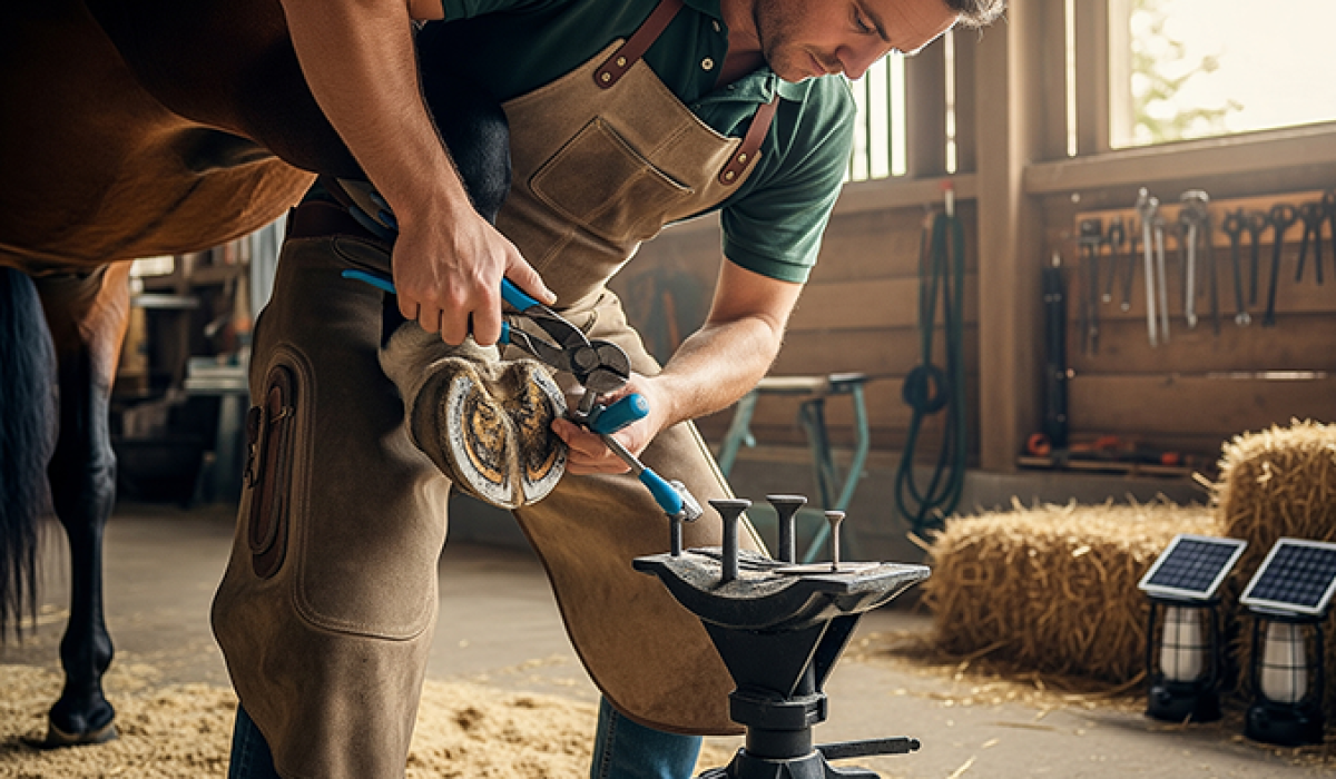 Farrier using hoof nippers and testers with sustainable practices