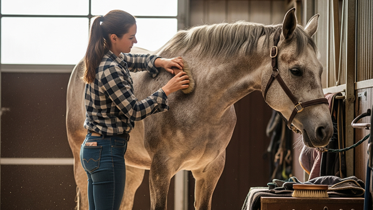 Farrier student wearing a protective apron while trimming a horse hoof