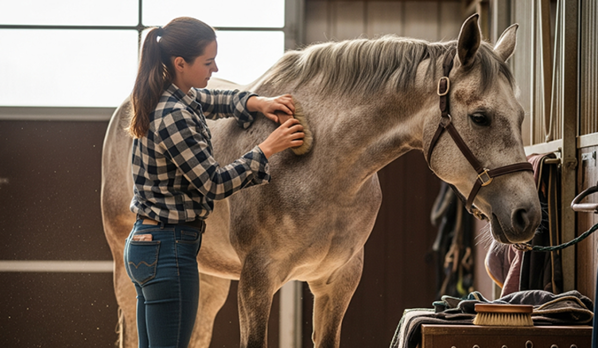 Farrier student wearing a protective apron while trimming a horse hoof
