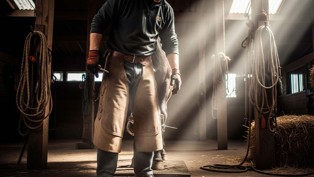 Farrier wearing a protective apron while trimming a horse’s hoof