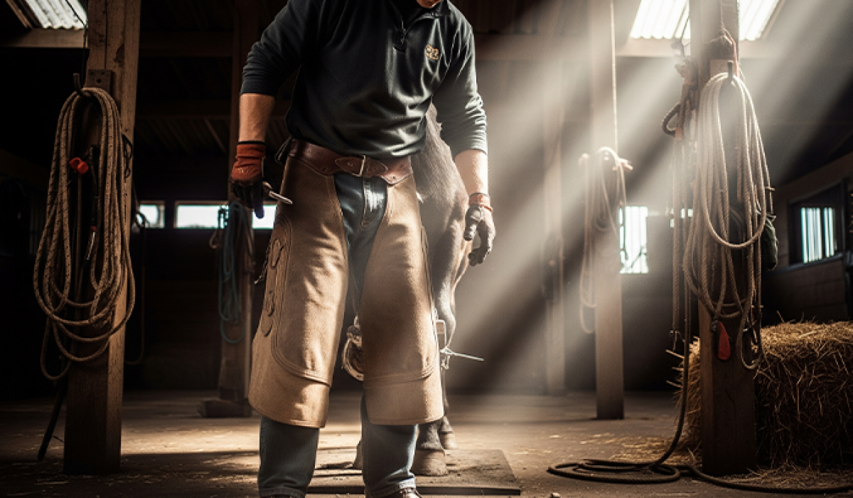 Farrier wearing a protective apron while trimming a horse’s hoof