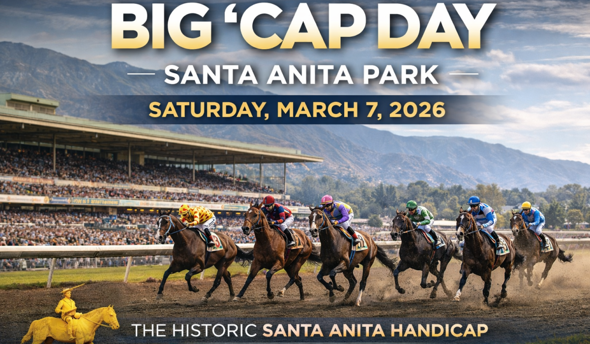 Horse racing action at Santa Anita Park during Big ’Cap Day 2026 stakes races