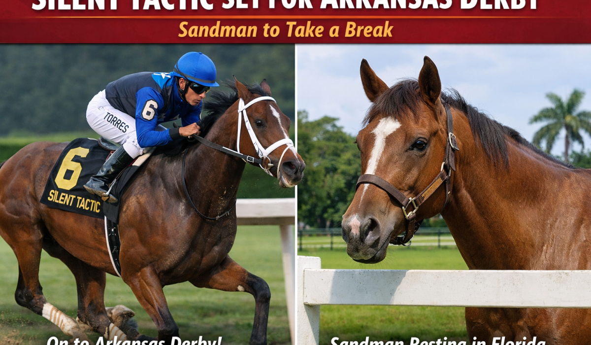 Silent Tactic horse finishing second in the Rebel Stakes 2026 at Oaklawn Park