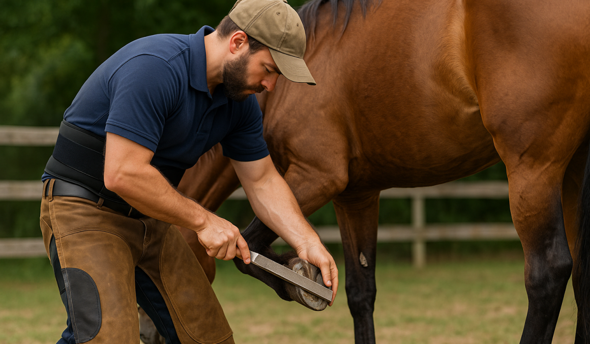 Farrier wearing lumbar-support apron while trimming a horse’s hoof