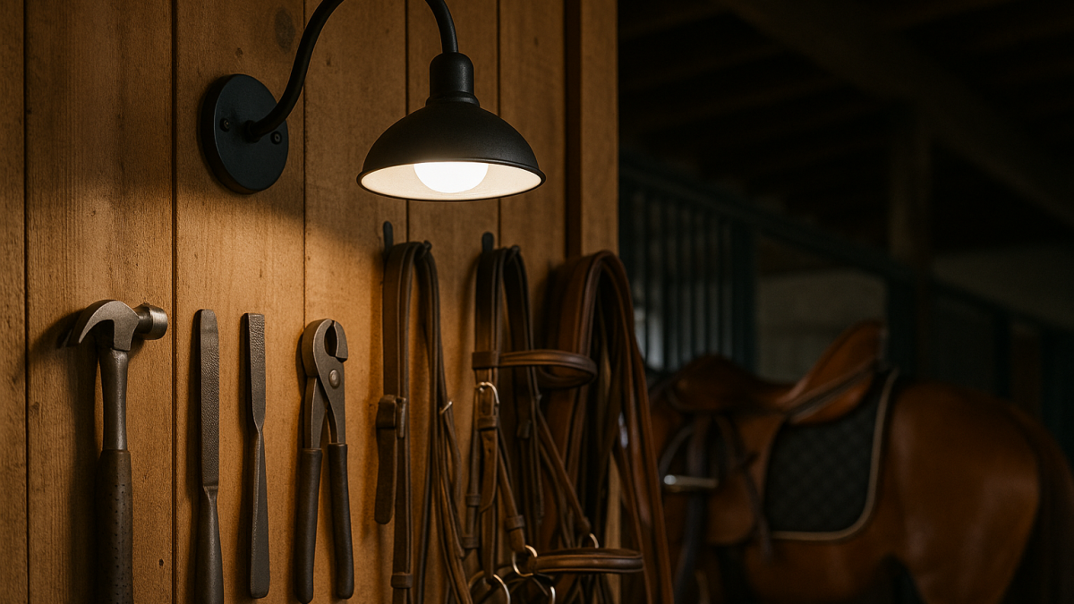 LED barn lights illuminating a tack room with equestrian tools