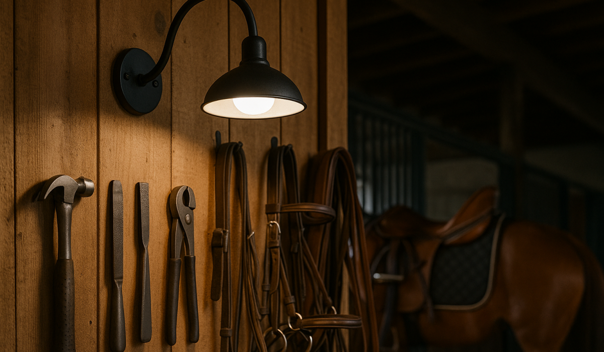 LED barn lights illuminating a tack room with equestrian tools