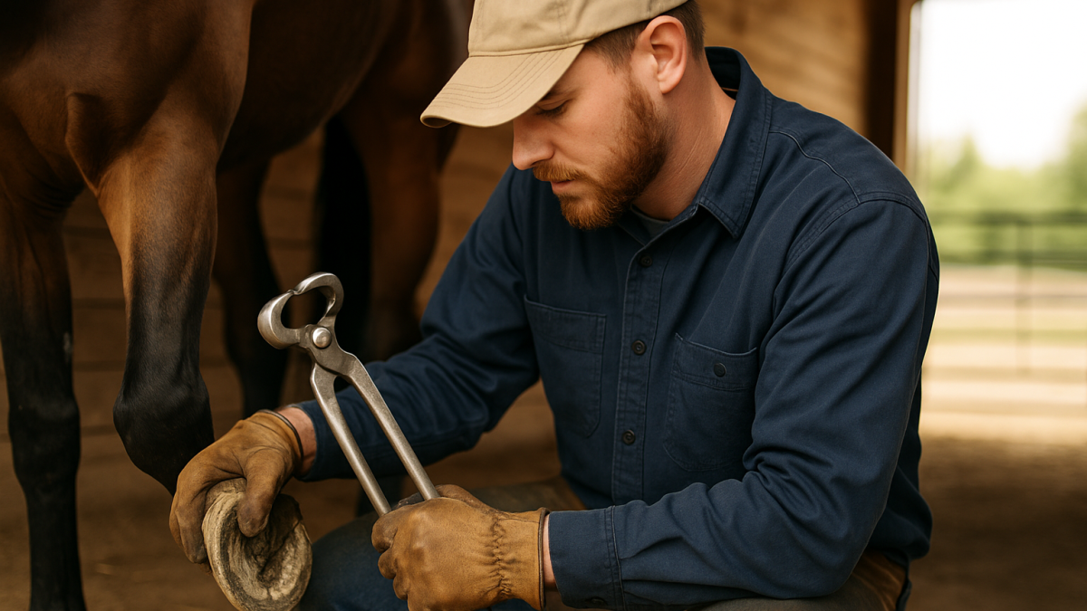 Beginner farrier practicing with hoof nippers on a training hoof