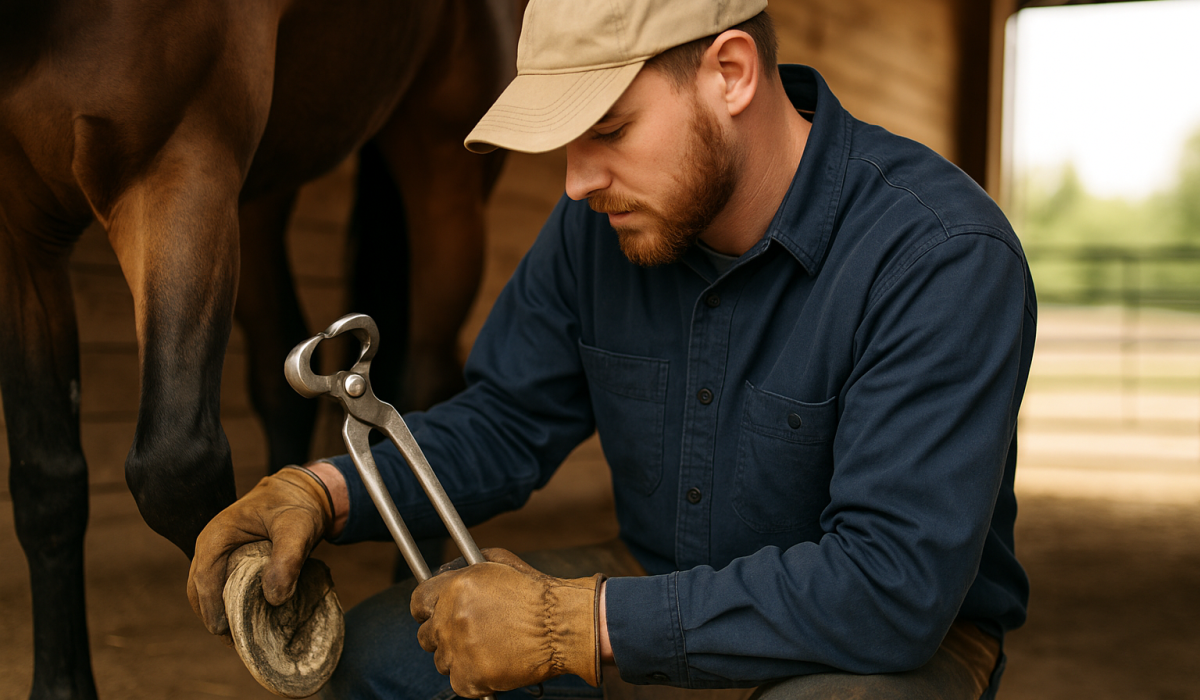 Beginner farrier practicing with hoof nippers on a training hoof