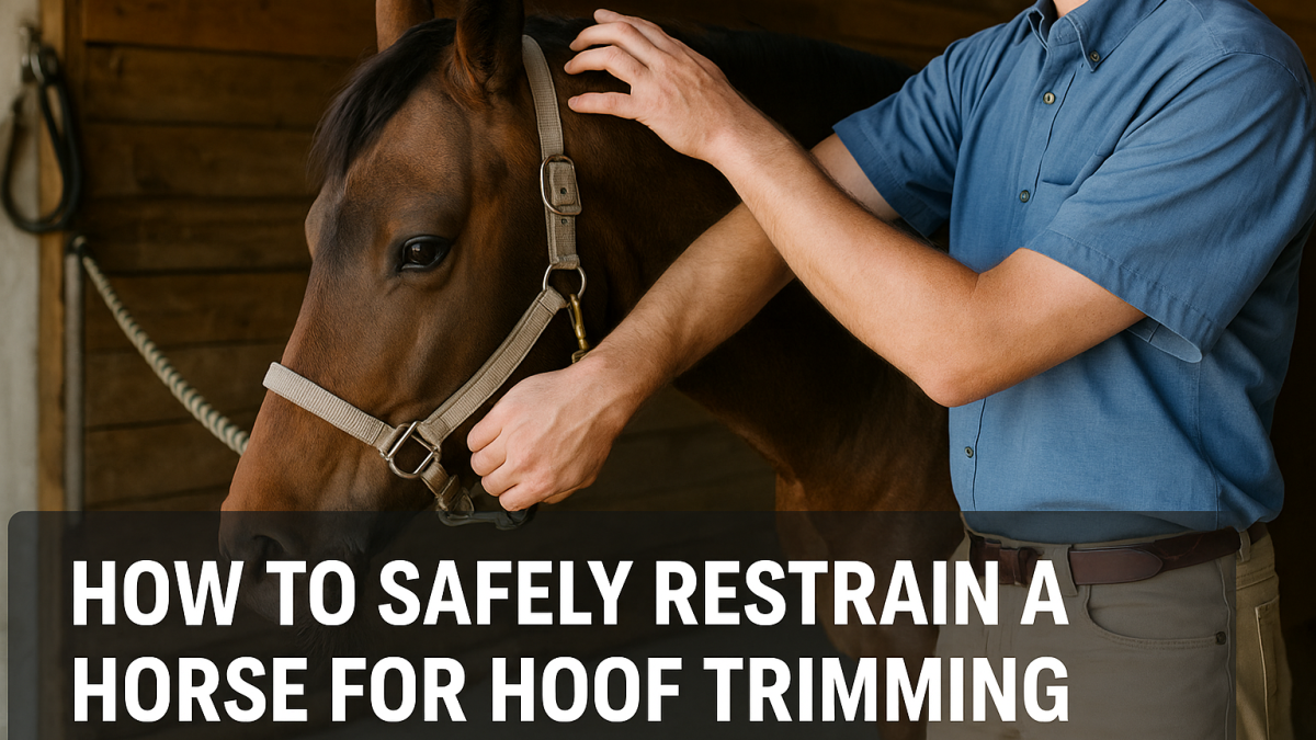 Farrier safely restraining a calm horse during hoof trimming