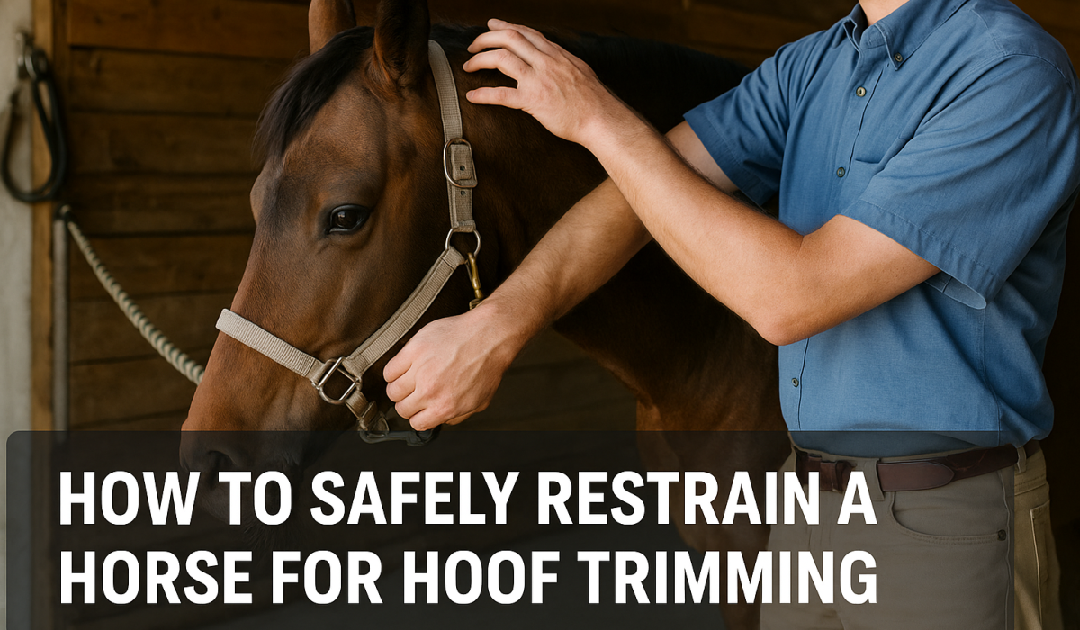 Farrier safely restraining a calm horse during hoof trimming