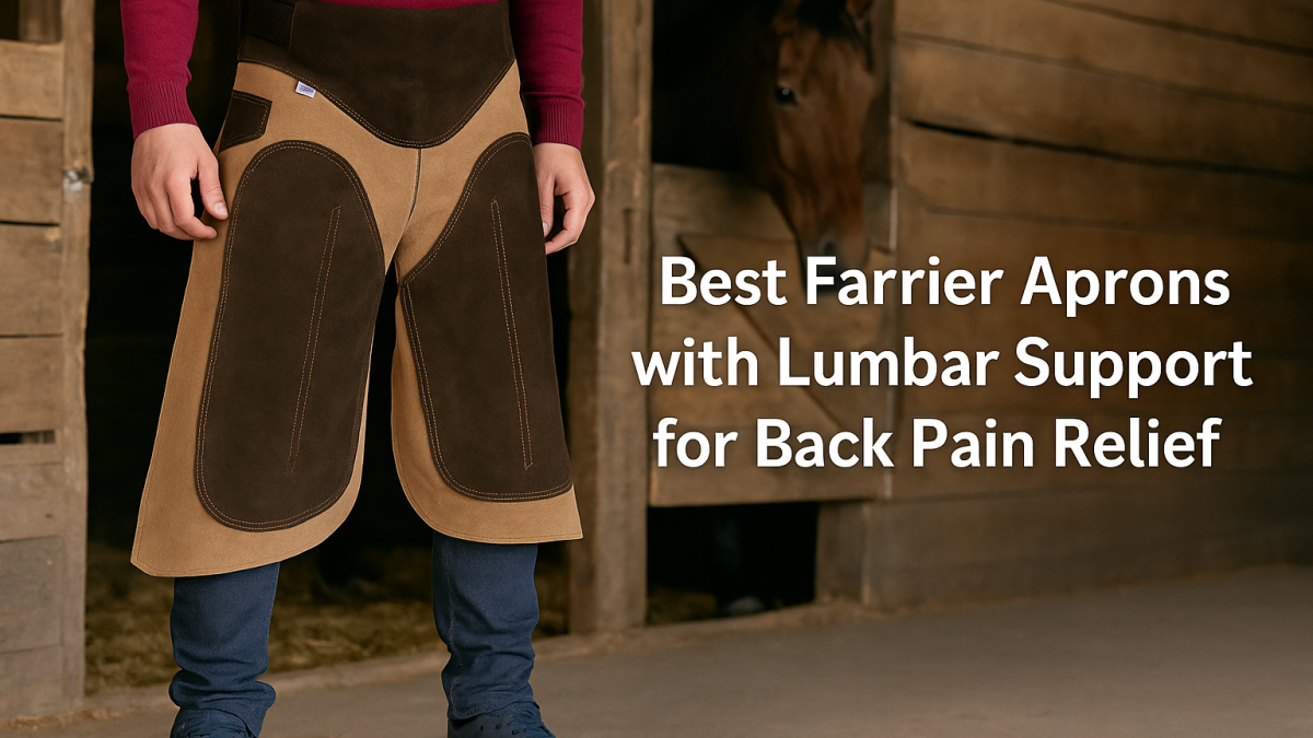 Farrier wearing a lumbar-support apron while trimming a horse hoof
