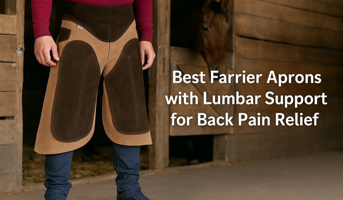 Farrier wearing a lumbar-support apron while trimming a horse hoof