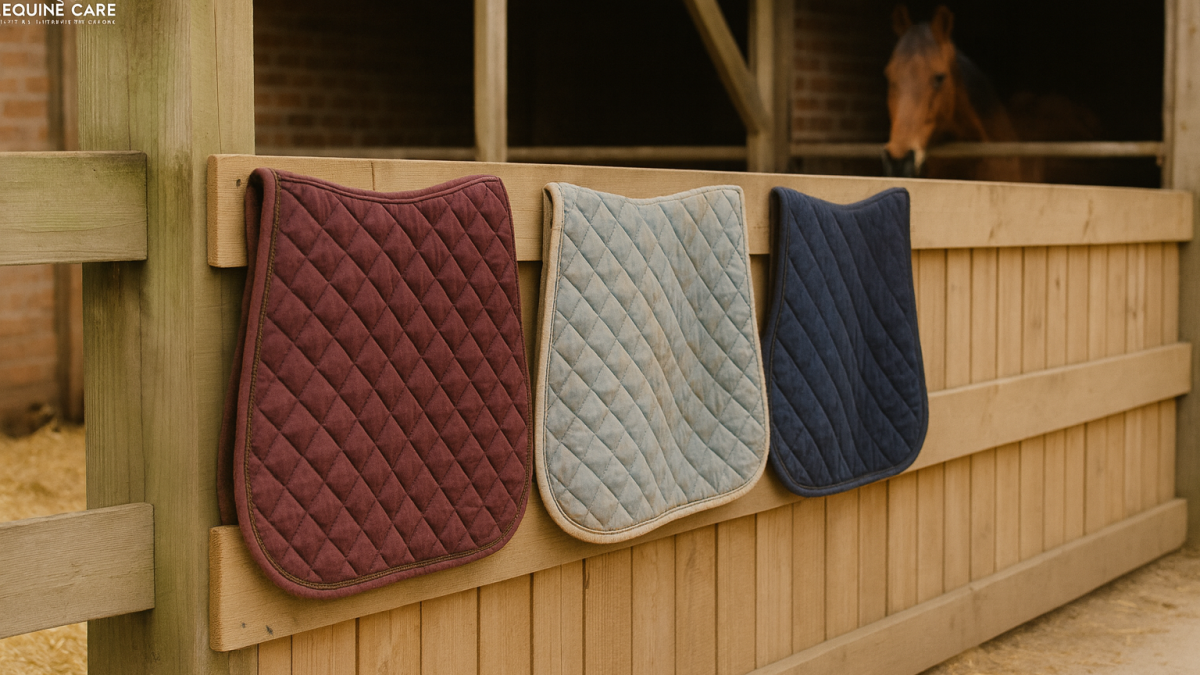 Repurposed saddle pads used as stable wall padding and dog bedding