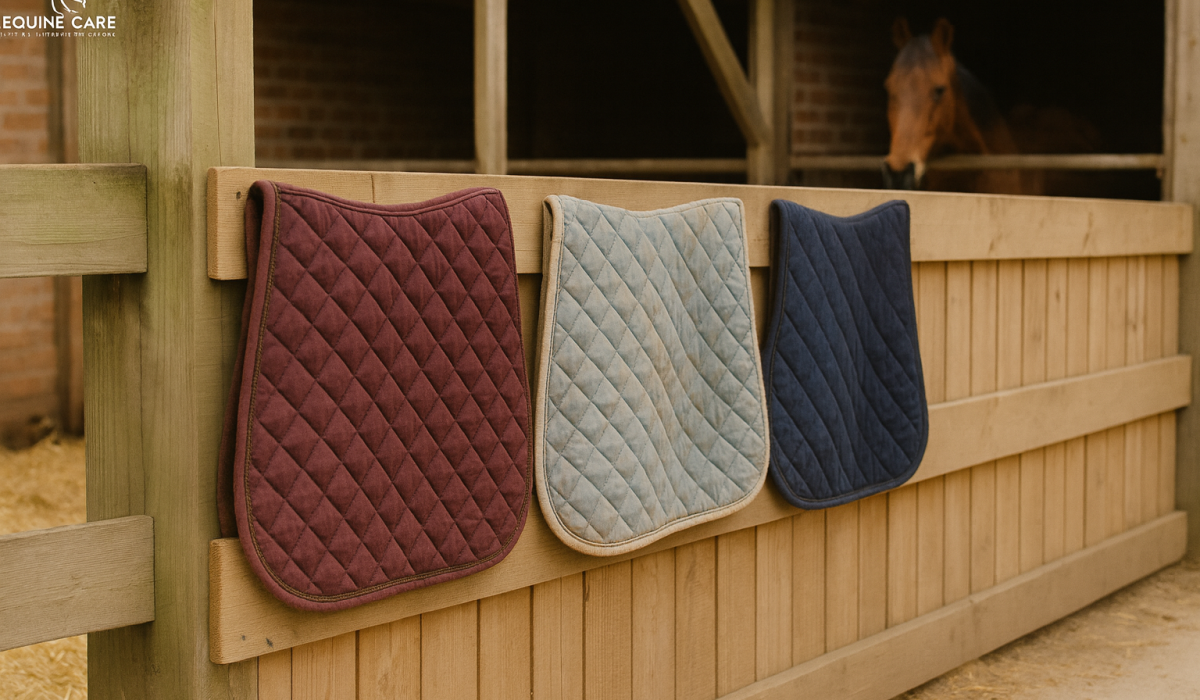 Repurposed saddle pads used as stable wall padding and dog bedding