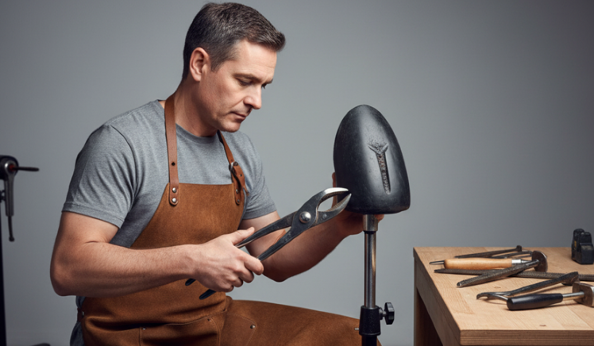 Farrier trimming a young horse’s hoof using hoof nippers