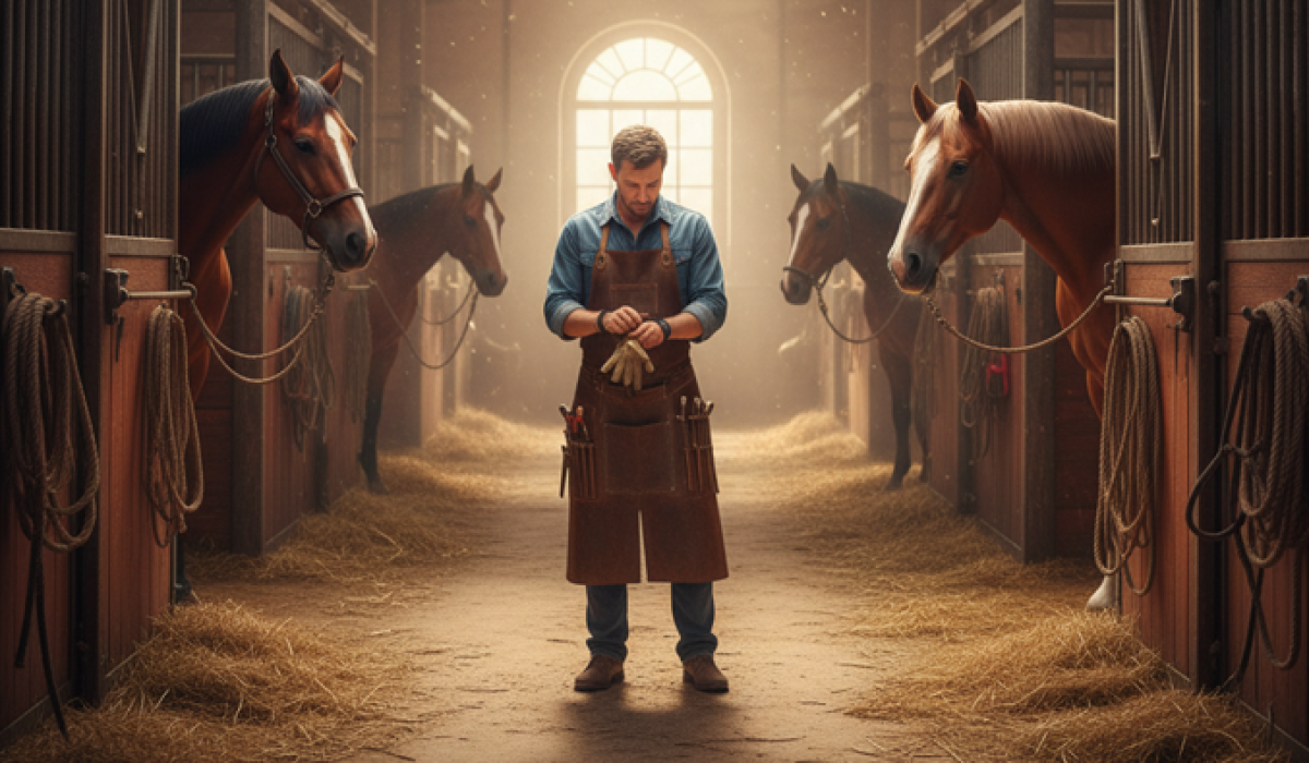Beginner farrier adjusting apron before hoof trimming