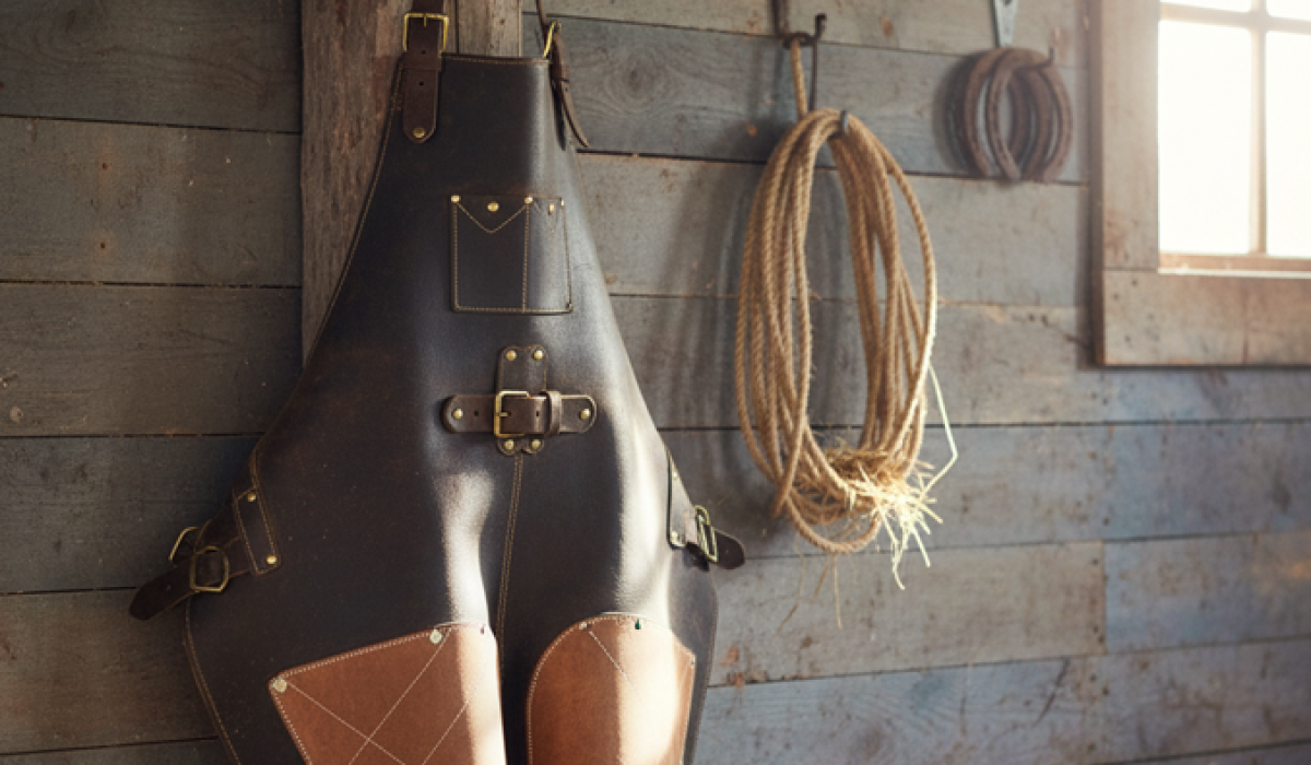Farrier wearing apron incorrectly while trimming a horse hoof