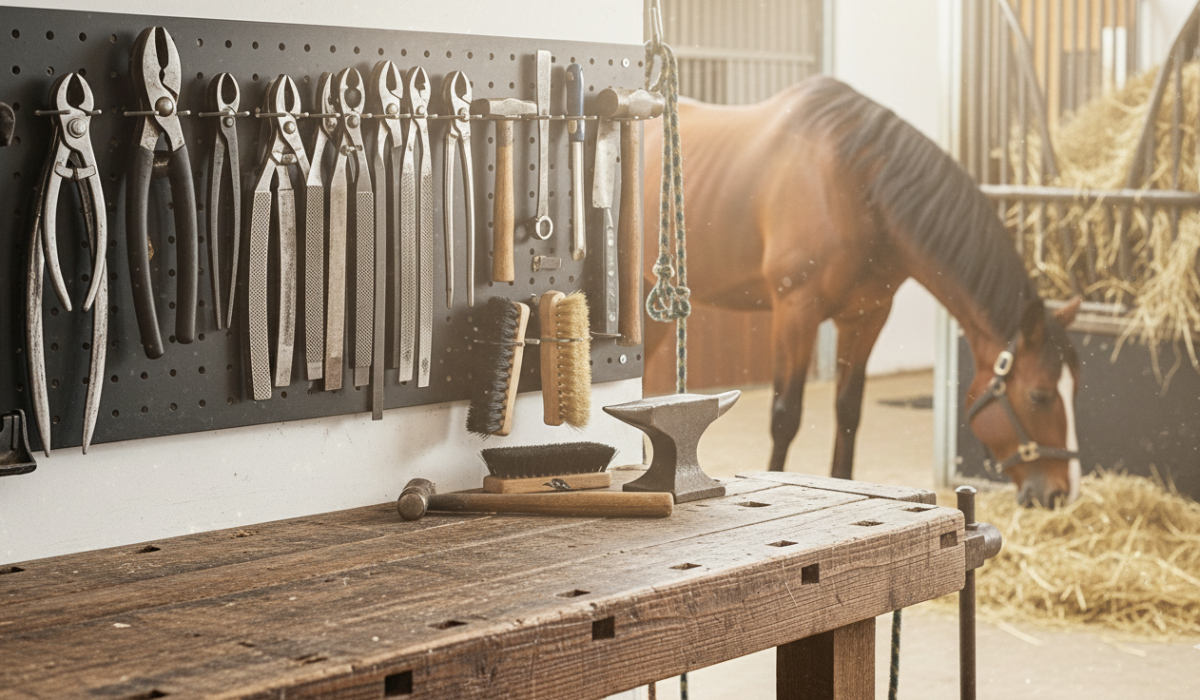 Farrier wearing a heat-resistant apron during hot shoeing process