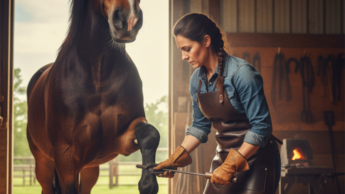 Farrier wearing a flexible leather apron during hoof trimming