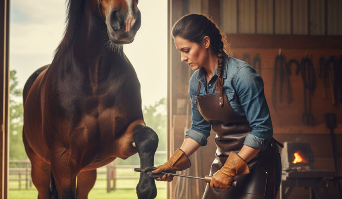 Farrier wearing a flexible leather apron during hoof trimming