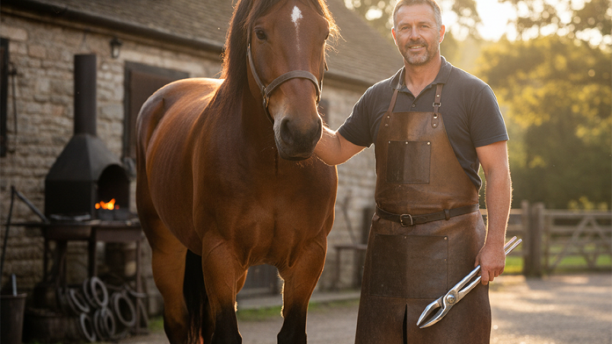 Farrier wearing leather apron that meets PPE standards