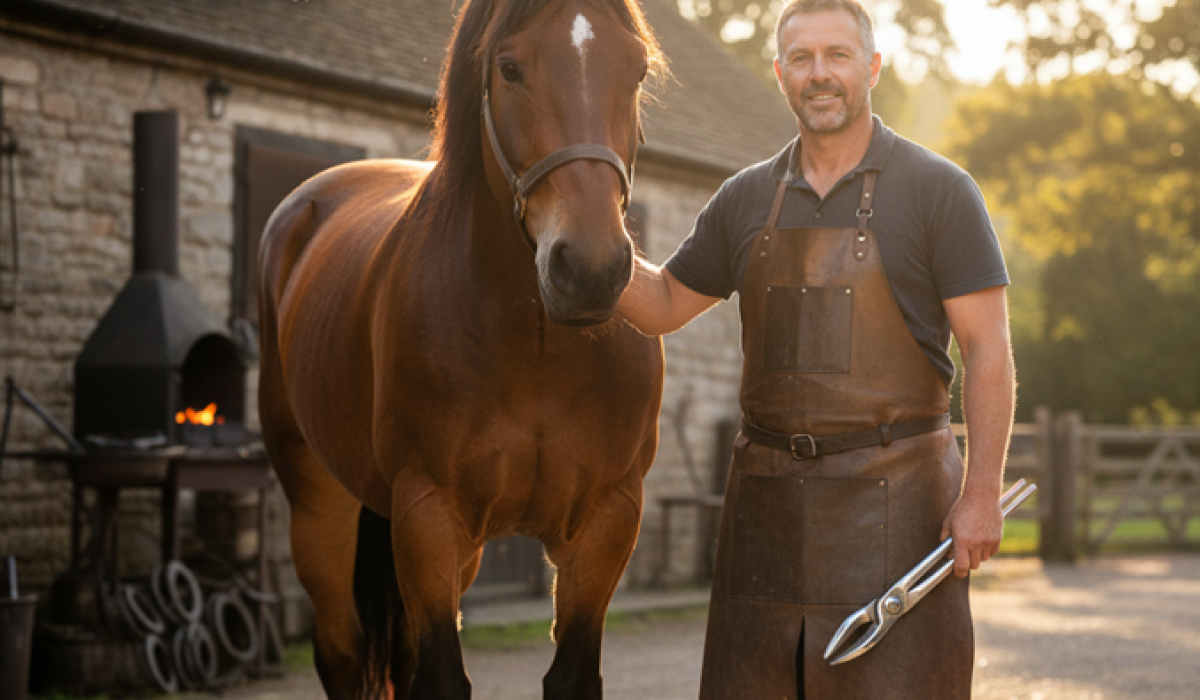 Farrier wearing leather apron that meets PPE standards