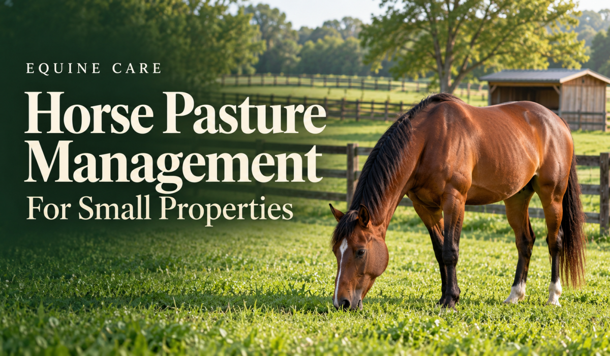 Bay horse grazing in a fenced pasture beside the title Horse Pasture Management for Small Properties.