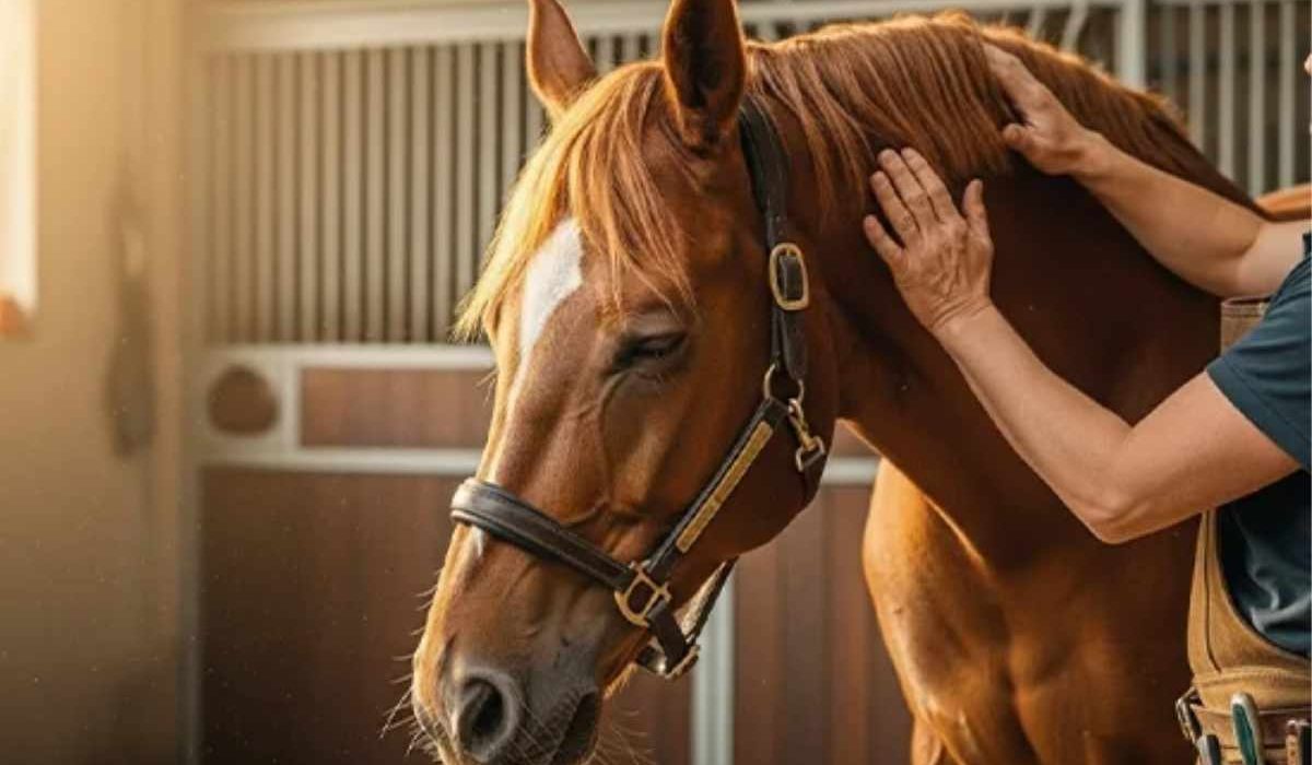 Farrier comparing budget vs premium hoof knives while trimming horse hoof