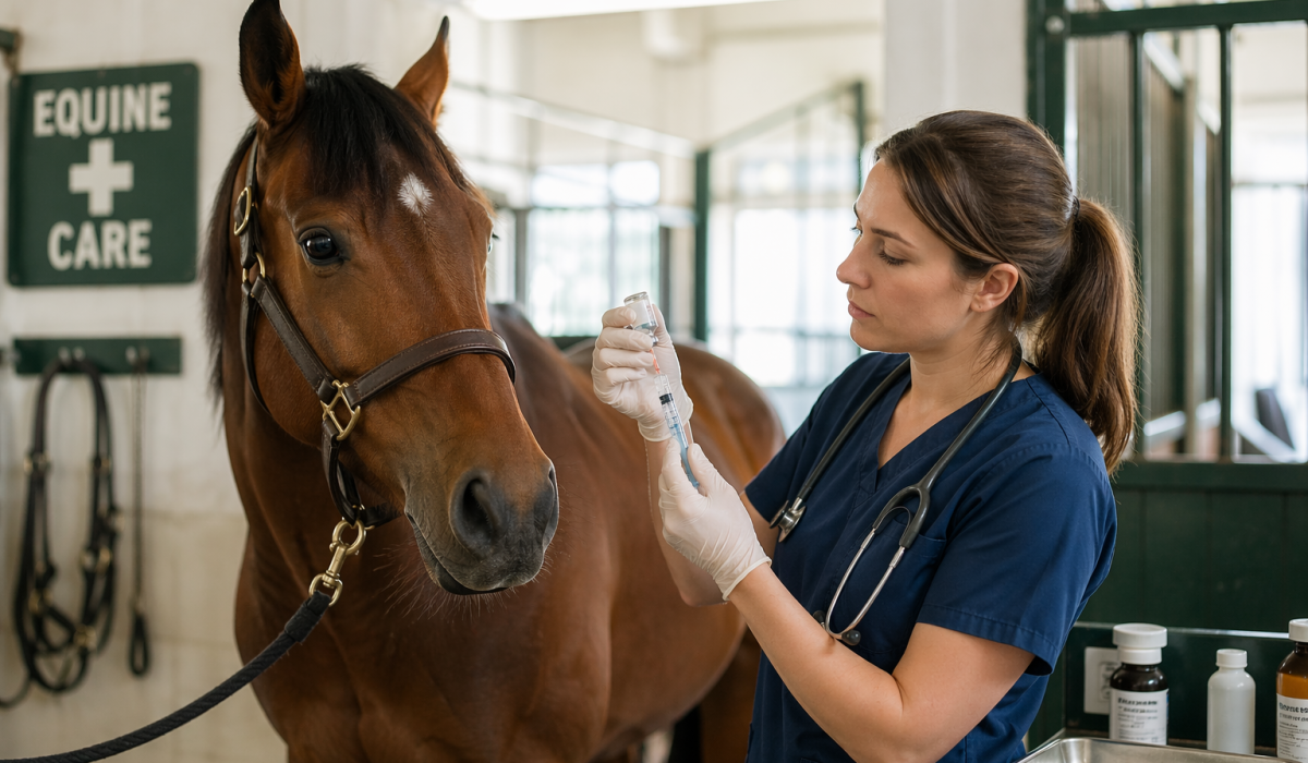 Equine sedation by veterinarian calming a horse in a clean stable